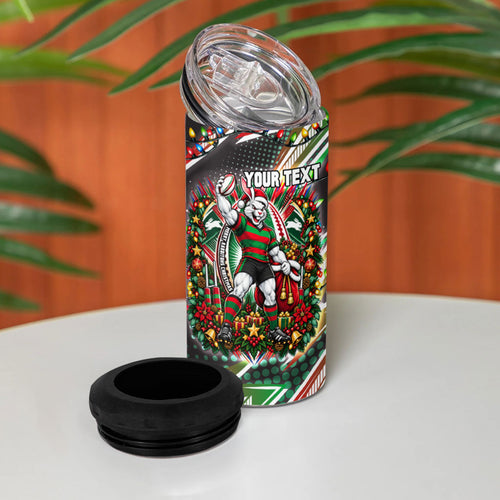 Personalized South Sydney Rabbitohs Rugby Christmas 4 in 1 Can Cooler Tumbler Holiday Mascot Graphic Art Festive Lights Bow