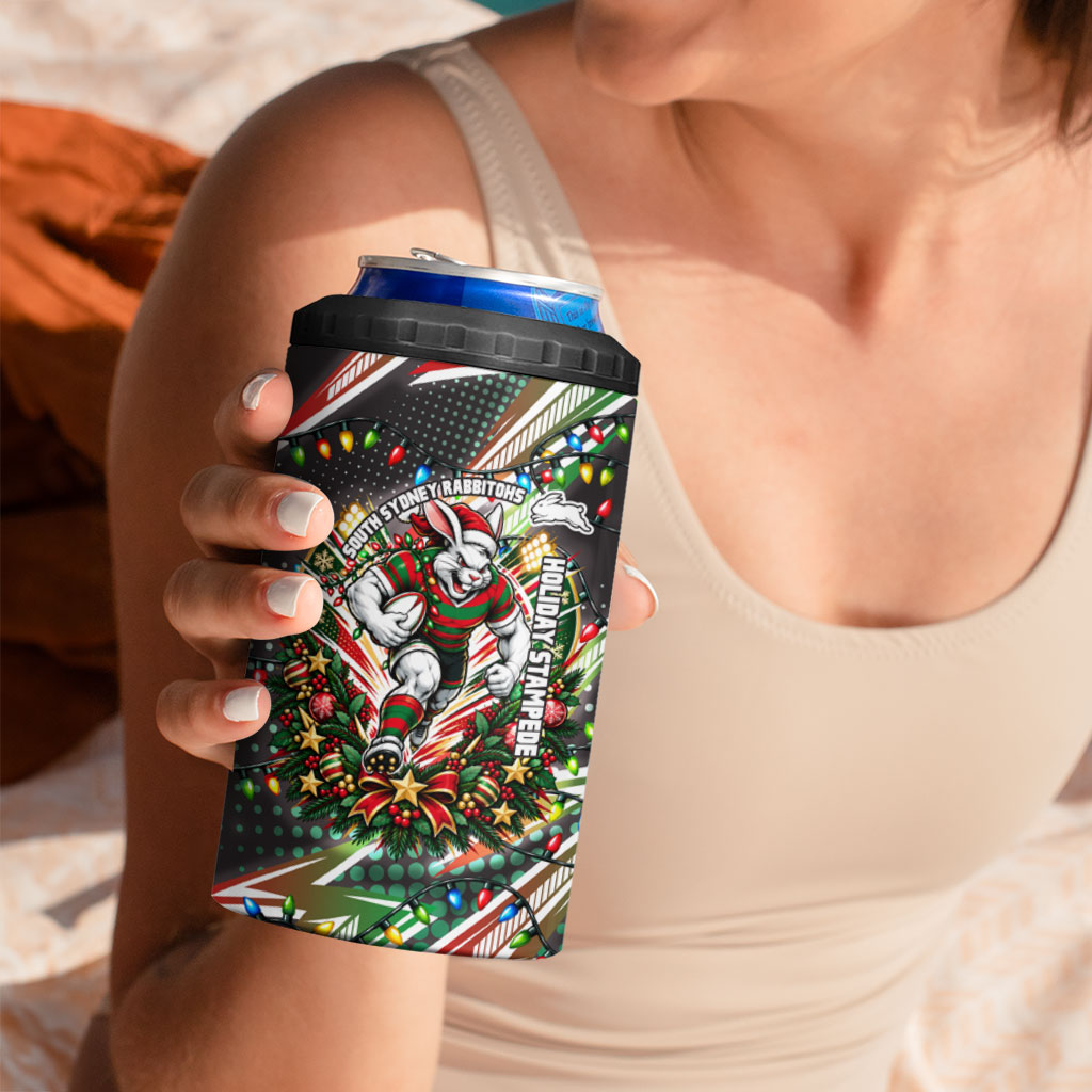 Personalized South Sydney Rabbitohs Rugby Christmas 4 in 1 Can Cooler Tumbler Holiday Mascot Graphic Art Festive Lights Bow
