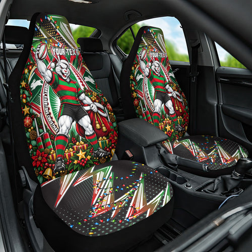 Personalized South Sydney Rabbitohs Rugby Christmas Car Seat Cover Holiday Mascot Graphic Art Festive Lights Bow