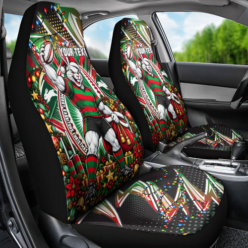 Personalized South Sydney Rabbitohs Rugby Christmas Car Seat Cover Holiday Mascot Graphic Art Festive Lights Bow