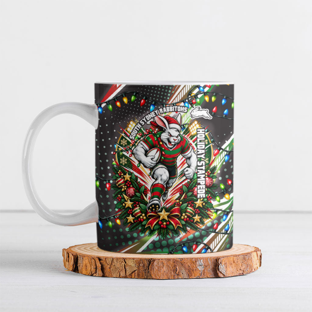 Personalized South Sydney Rabbitohs Rugby Christmas Ceramic Mug Holiday Mascot Graphic Art Festive Lights Bow