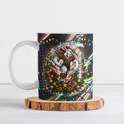Personalized South Sydney Rabbitohs Rugby Christmas Ceramic Mug Holiday Mascot Graphic Art Festive Lights Bow