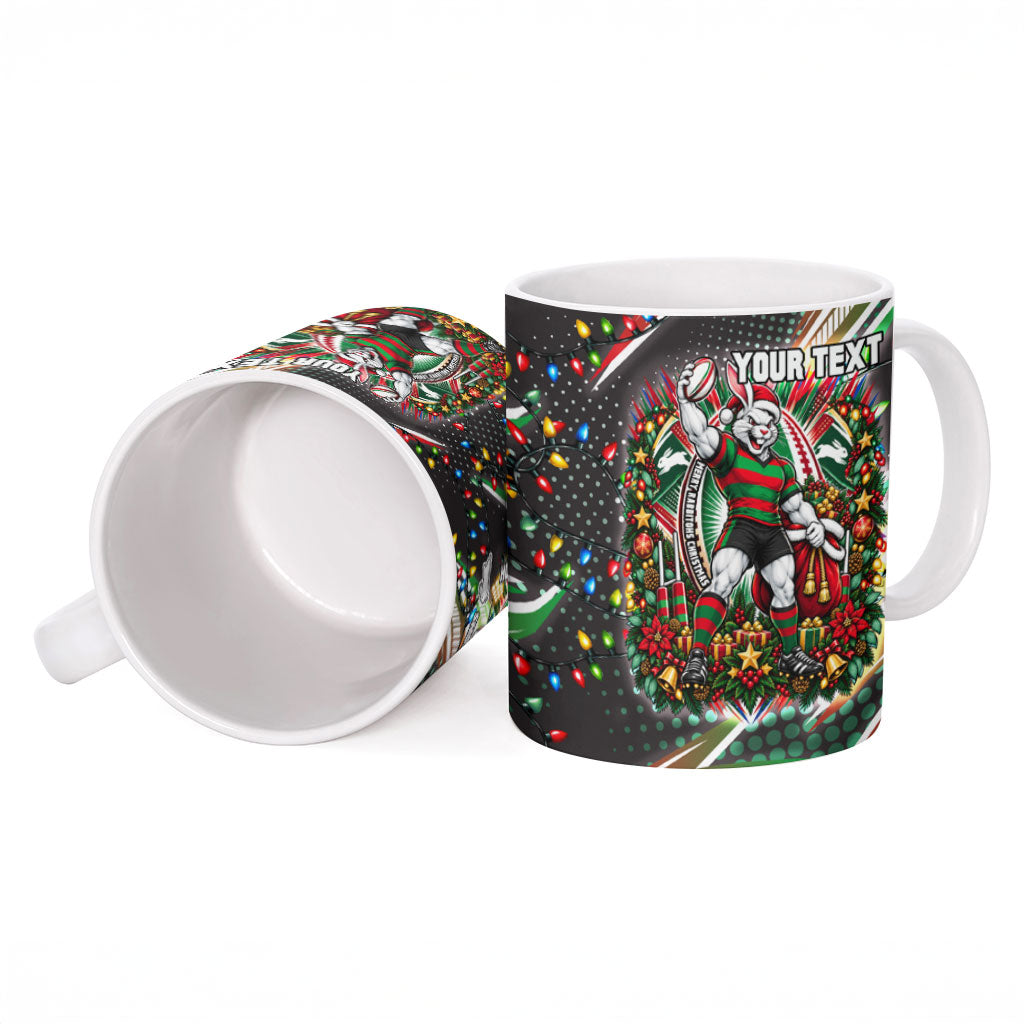 Personalized South Sydney Rabbitohs Rugby Christmas Ceramic Mug Holiday Mascot Graphic Art Festive Lights Bow