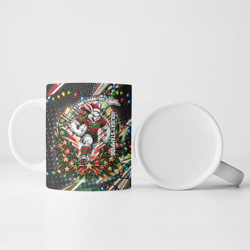 Personalized South Sydney Rabbitohs Rugby Christmas Ceramic Mug Holiday Mascot Graphic Art Festive Lights Bow