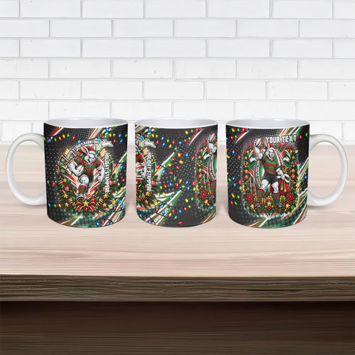Personalized South Sydney Rabbitohs Rugby Christmas Ceramic Mug Holiday Mascot Graphic Art Festive Lights Bow