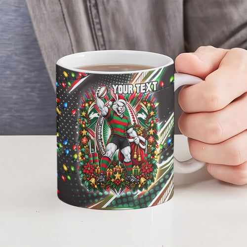 Personalized South Sydney Rabbitohs Rugby Christmas Ceramic Mug Holiday Mascot Graphic Art Festive Lights Bow