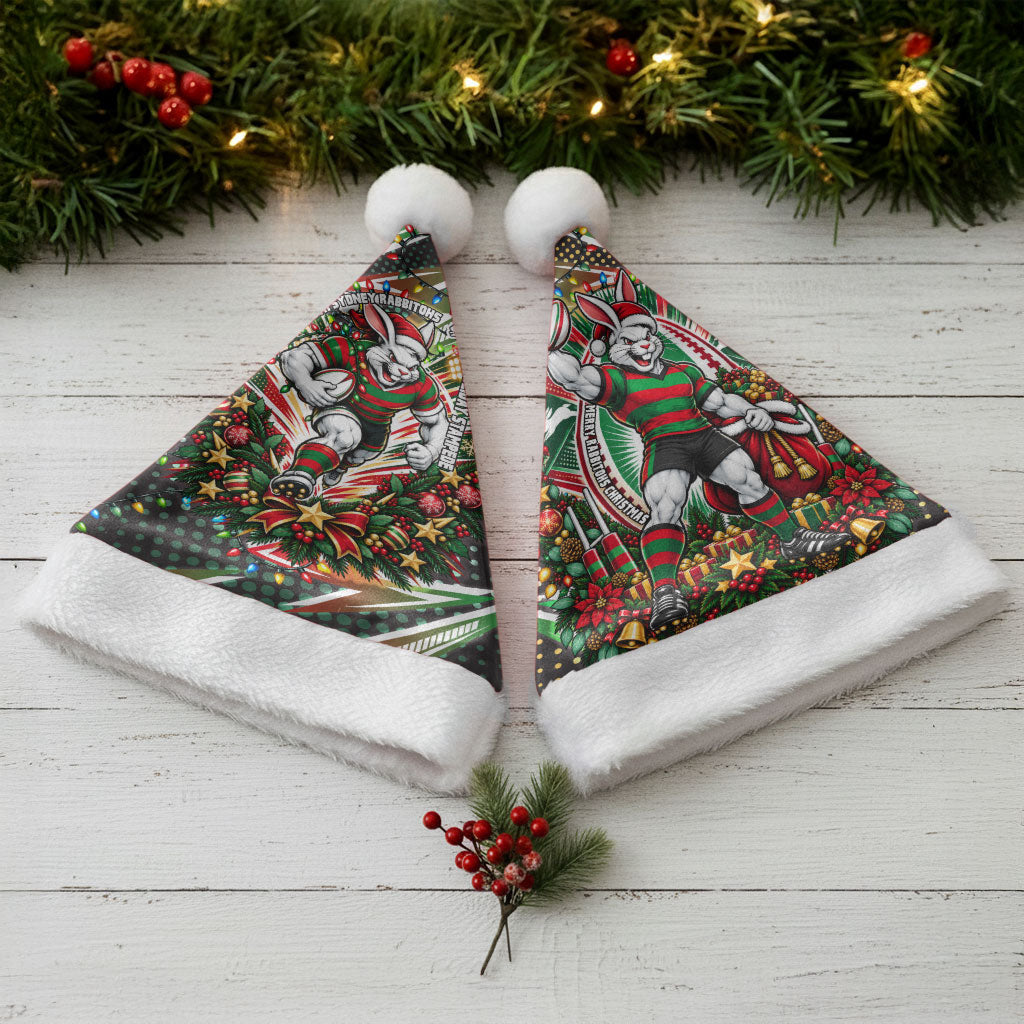 South Sydney Rabbitohs Rugby Christmas Santa Hat Holiday Mascot Graphic Art Festive Lights Bow