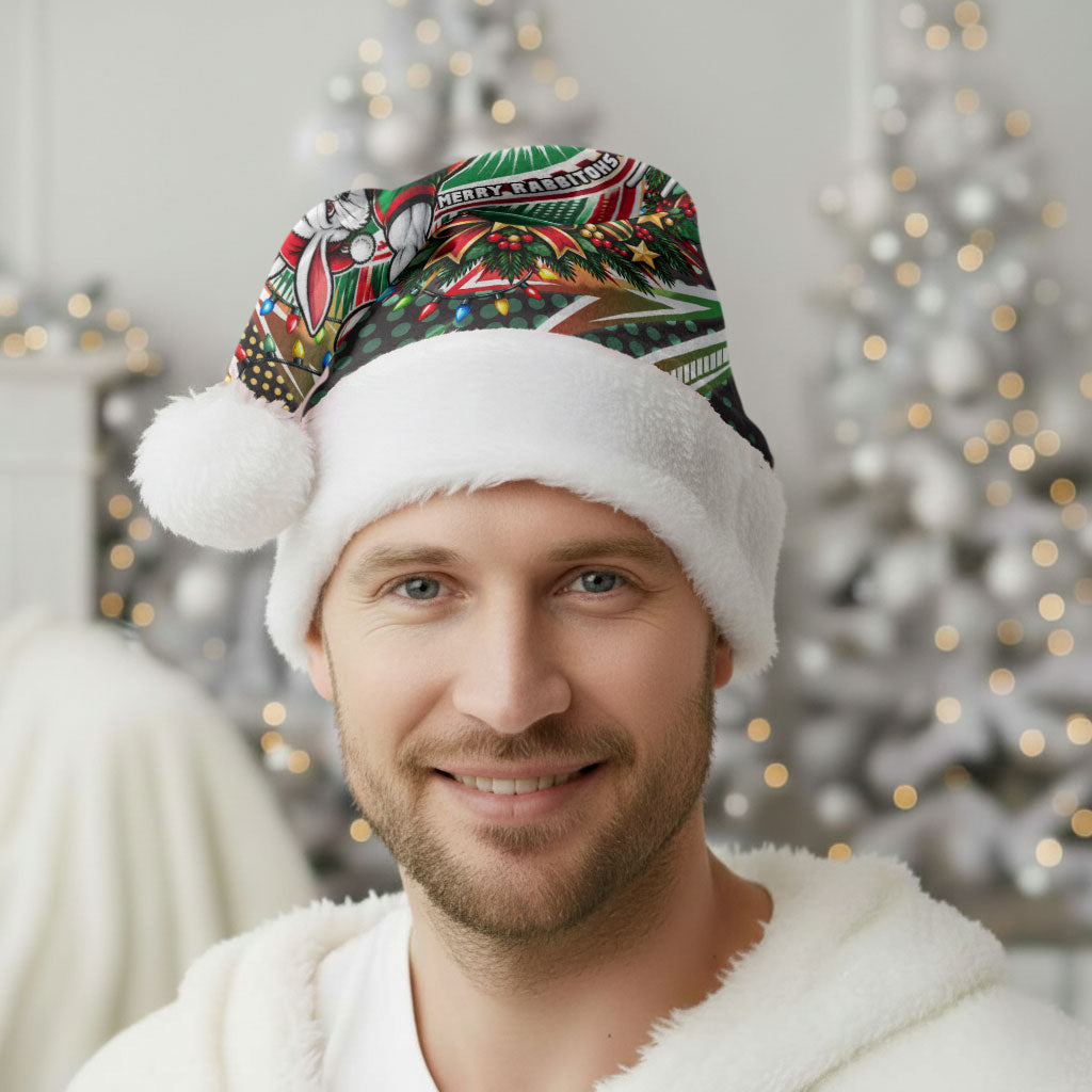 South Sydney Rabbitohs Rugby Christmas Santa Hat Holiday Mascot Graphic Art Festive Lights Bow