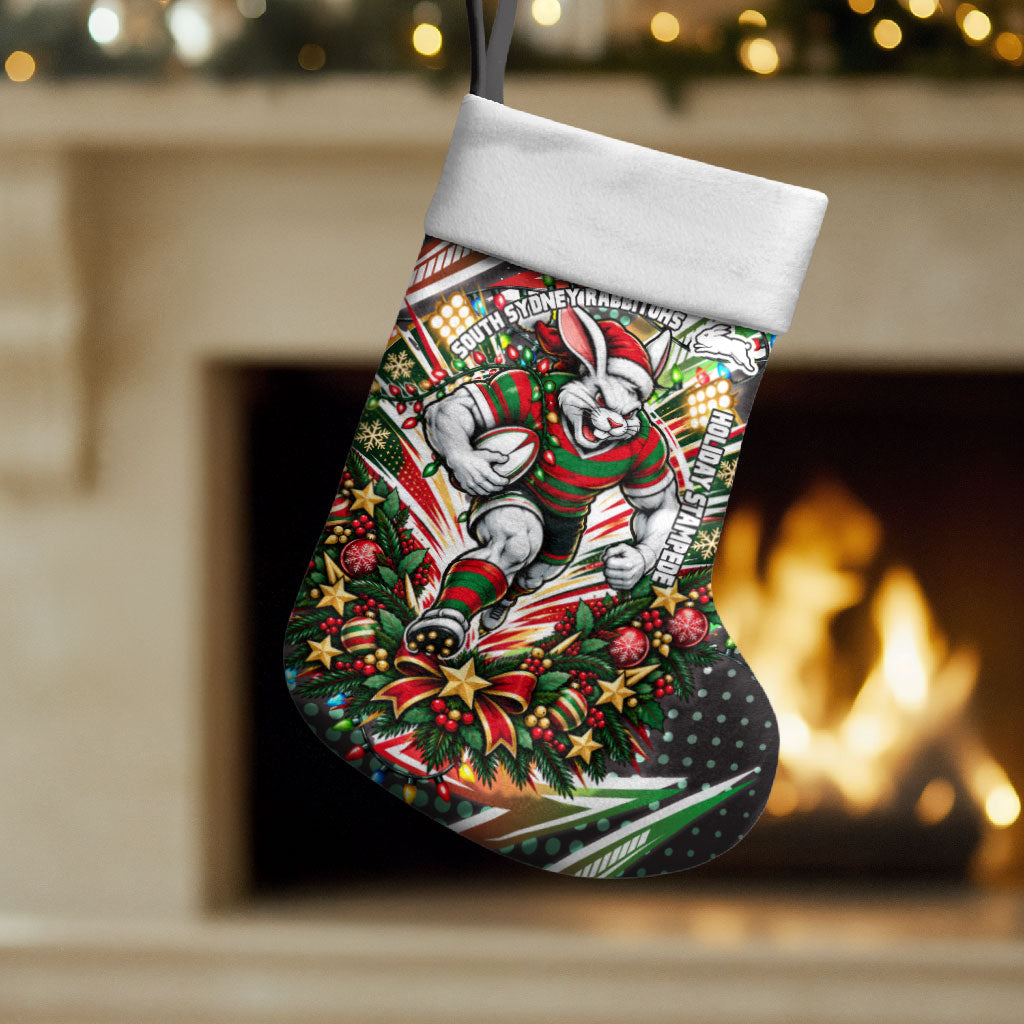 South Sydney Rabbitohs Rugby Christmas Stocking Holiday Mascot Graphic Art Festive Lights Bow