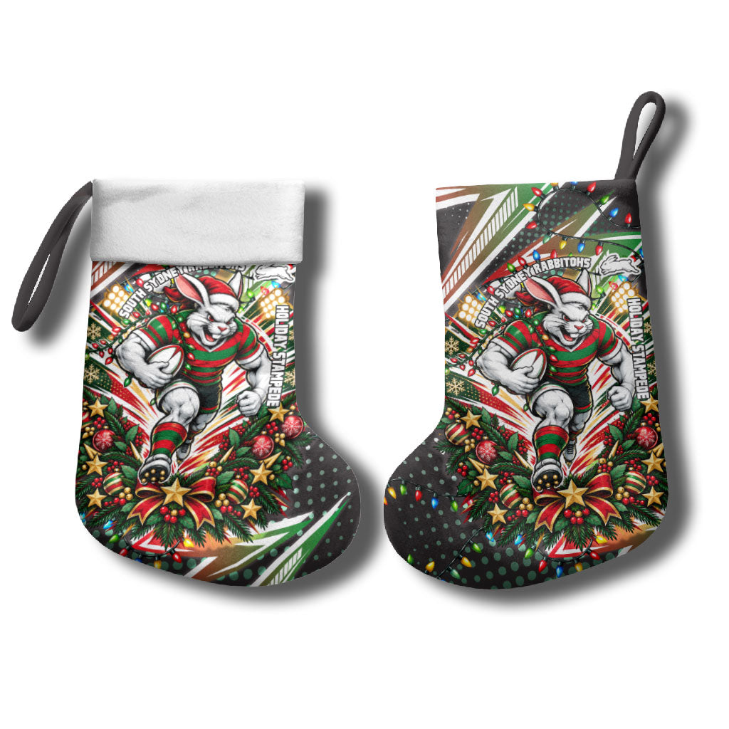 South Sydney Rabbitohs Rugby Christmas Stocking Holiday Mascot Graphic Art Festive Lights Bow