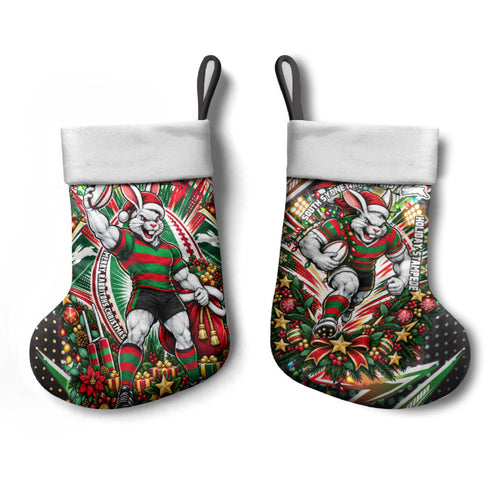 South Sydney Rabbitohs Rugby Christmas Stocking Holiday Mascot Graphic Art Festive Lights Bow