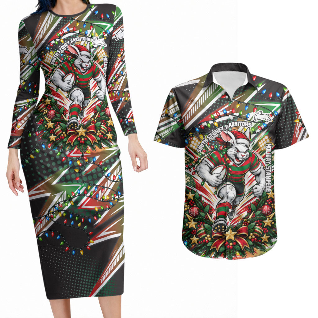 Personalized South Sydney Rabbitohs Rugby Christmas Couples Matching Long Sleeve Bodycon Dress and Hawaiian Shirt Holiday Mascot Graphic Art Festive Lights Bow