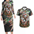 Personalized South Sydney Rabbitohs Rugby Christmas Couples Matching Long Sleeve Bodycon Dress and Hawaiian Shirt Holiday Mascot Graphic Art Festive Lights Bow