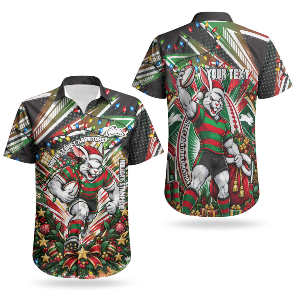 Personalized South Sydney Rabbitohs Rugby Christmas Couples Matching Long Sleeve Bodycon Dress and Hawaiian Shirt Holiday Mascot Graphic Art Festive Lights Bow