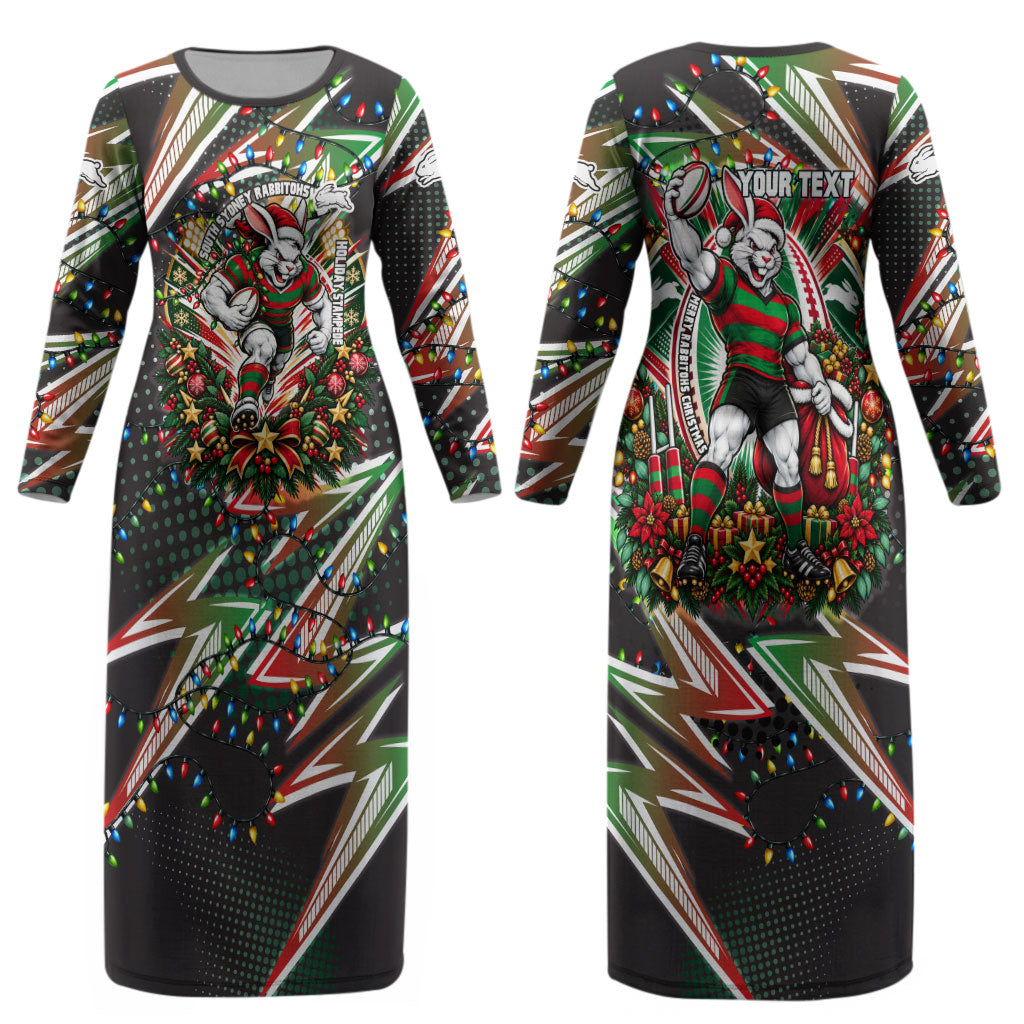 Personalized South Sydney Rabbitohs Rugby Christmas Couples Matching Long Sleeve Bodycon Dress and Hawaiian Shirt Holiday Mascot Graphic Art Festive Lights Bow