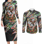 Personalized South Sydney Rabbitohs Rugby Christmas Couples Matching Long Sleeve Bodycon Dress and Long Sleeve Button Shirt Holiday Mascot Graphic Art Festive Lights Bow