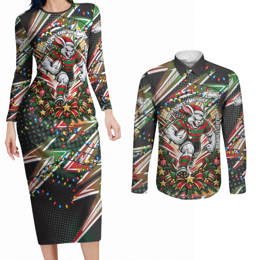 Personalized South Sydney Rabbitohs Rugby Christmas Couples Matching Long Sleeve Bodycon Dress and Long Sleeve Button Shirt Holiday Mascot Graphic Art Festive Lights Bow