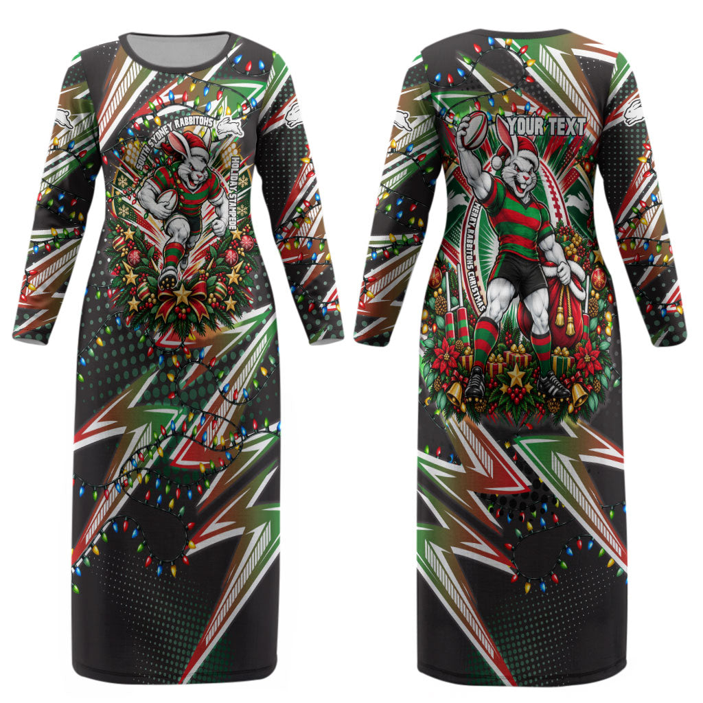 Personalized South Sydney Rabbitohs Rugby Christmas Couples Matching Long Sleeve Bodycon Dress and Long Sleeve Button Shirt Holiday Mascot Graphic Art Festive Lights Bow