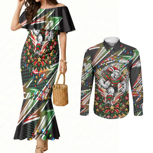 Personalized South Sydney Rabbitohs Rugby Christmas Couples Matching Mermaid Dress and Long Sleeve Button Shirt Holiday Mascot Graphic Art Festive Lights Bow