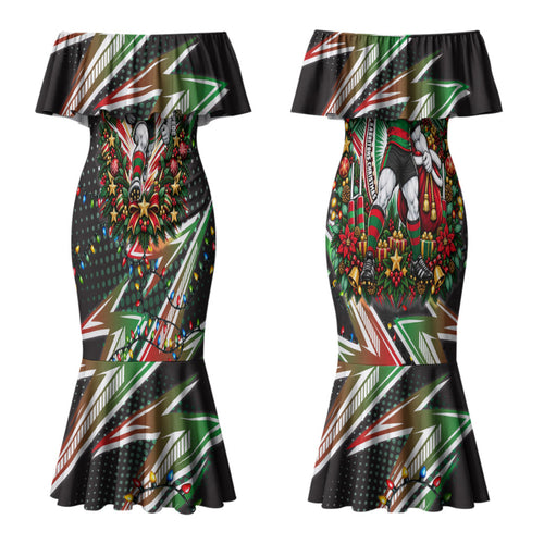 Personalized South Sydney Rabbitohs Rugby Christmas Couples Matching Mermaid Dress and Long Sleeve Button Shirt Holiday Mascot Graphic Art Festive Lights Bow