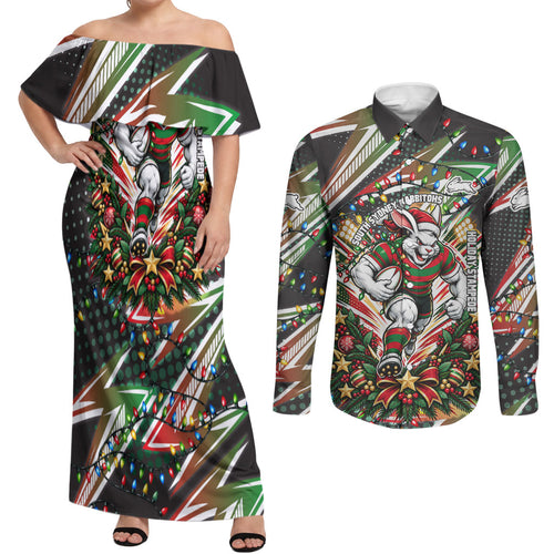 Personalized South Sydney Rabbitohs Rugby Christmas Couples Matching Off Shoulder Maxi Dress and Long Sleeve Button Shirt Holiday Mascot Graphic Art Festive Lights Bow