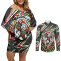Personalized South Sydney Rabbitohs Rugby Christmas Couples Matching Off Shoulder Short Dress and Long Sleeve Button Shirt Holiday Mascot Graphic Art Festive Lights Bow
