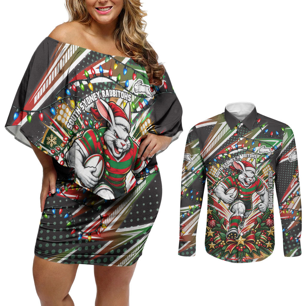 Personalized South Sydney Rabbitohs Rugby Christmas Couples Matching Off Shoulder Short Dress and Long Sleeve Button Shirt Holiday Mascot Graphic Art Festive Lights Bow