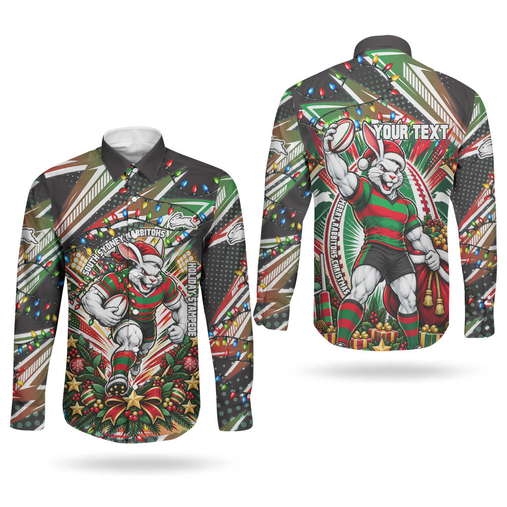Personalized South Sydney Rabbitohs Rugby Christmas Couples Matching Off Shoulder Short Dress and Long Sleeve Button Shirt Holiday Mascot Graphic Art Festive Lights Bow