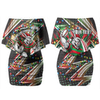 Personalized South Sydney Rabbitohs Rugby Christmas Couples Matching Off Shoulder Short Dress and Long Sleeve Button Shirt Holiday Mascot Graphic Art Festive Lights Bow