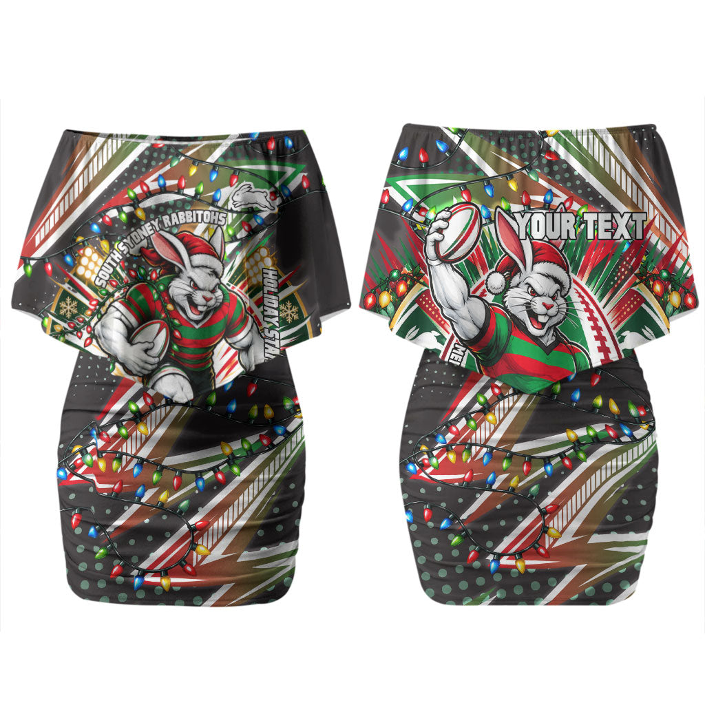 Personalized South Sydney Rabbitohs Rugby Christmas Couples Matching Off Shoulder Short Dress and Long Sleeve Button Shirt Holiday Mascot Graphic Art Festive Lights Bow