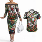 Personalized South Sydney Rabbitohs Rugby Christmas Couples Matching Off The Shoulder Long Sleeve Dress and Hawaiian Shirt Holiday Mascot Graphic Art Festive Lights Bow