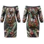 Personalized South Sydney Rabbitohs Rugby Christmas Couples Matching Off The Shoulder Long Sleeve Dress and Hawaiian Shirt Holiday Mascot Graphic Art Festive Lights Bow