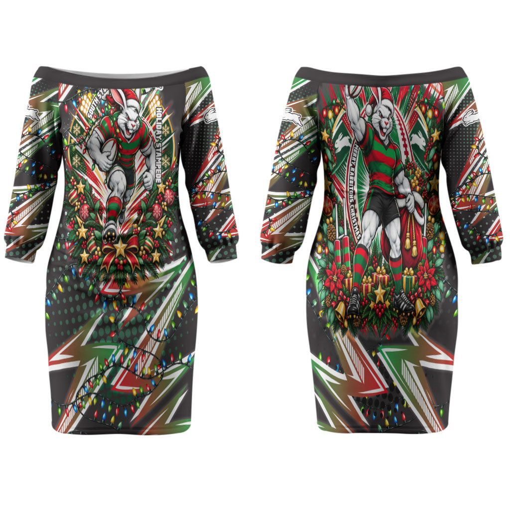 Personalized South Sydney Rabbitohs Rugby Christmas Couples Matching Off The Shoulder Long Sleeve Dress and Hawaiian Shirt Holiday Mascot Graphic Art Festive Lights Bow