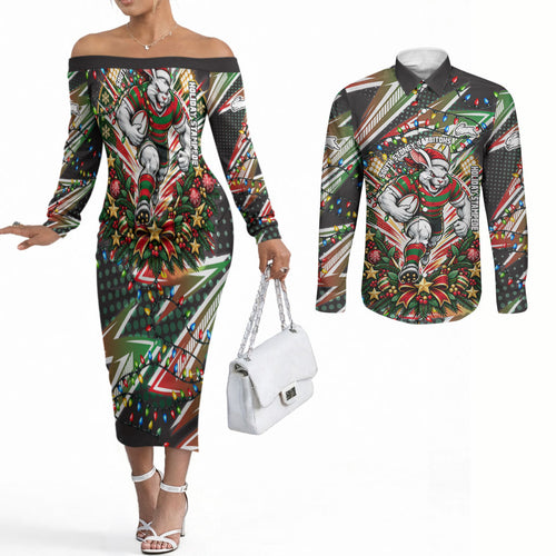 Personalized South Sydney Rabbitohs Rugby Christmas Couples Matching Off The Shoulder Long Sleeve Dress and Long Sleeve Button Shirt Holiday Mascot Graphic Art Festive Lights Bow