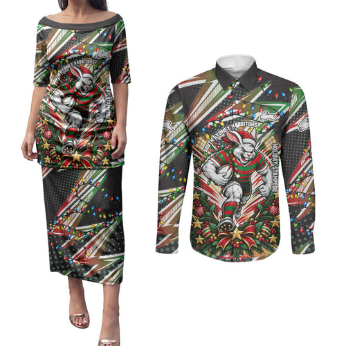 Personalized South Sydney Rabbitohs Rugby Christmas Couples Matching Puletasi and Long Sleeve Button Shirt Holiday Mascot Graphic Art Festive Lights Bow