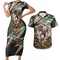 Personalized South Sydney Rabbitohs Rugby Christmas Couples Matching Short Sleeve Bodycon Dress and Hawaiian Shirt Holiday Mascot Graphic Art Festive Lights Bow