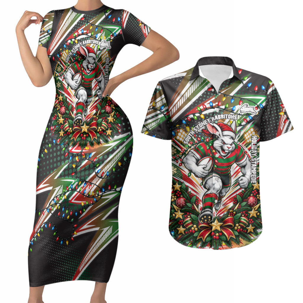 Personalized South Sydney Rabbitohs Rugby Christmas Couples Matching Short Sleeve Bodycon Dress and Hawaiian Shirt Holiday Mascot Graphic Art Festive Lights Bow