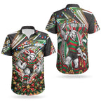 Personalized South Sydney Rabbitohs Rugby Christmas Couples Matching Short Sleeve Bodycon Dress and Hawaiian Shirt Holiday Mascot Graphic Art Festive Lights Bow