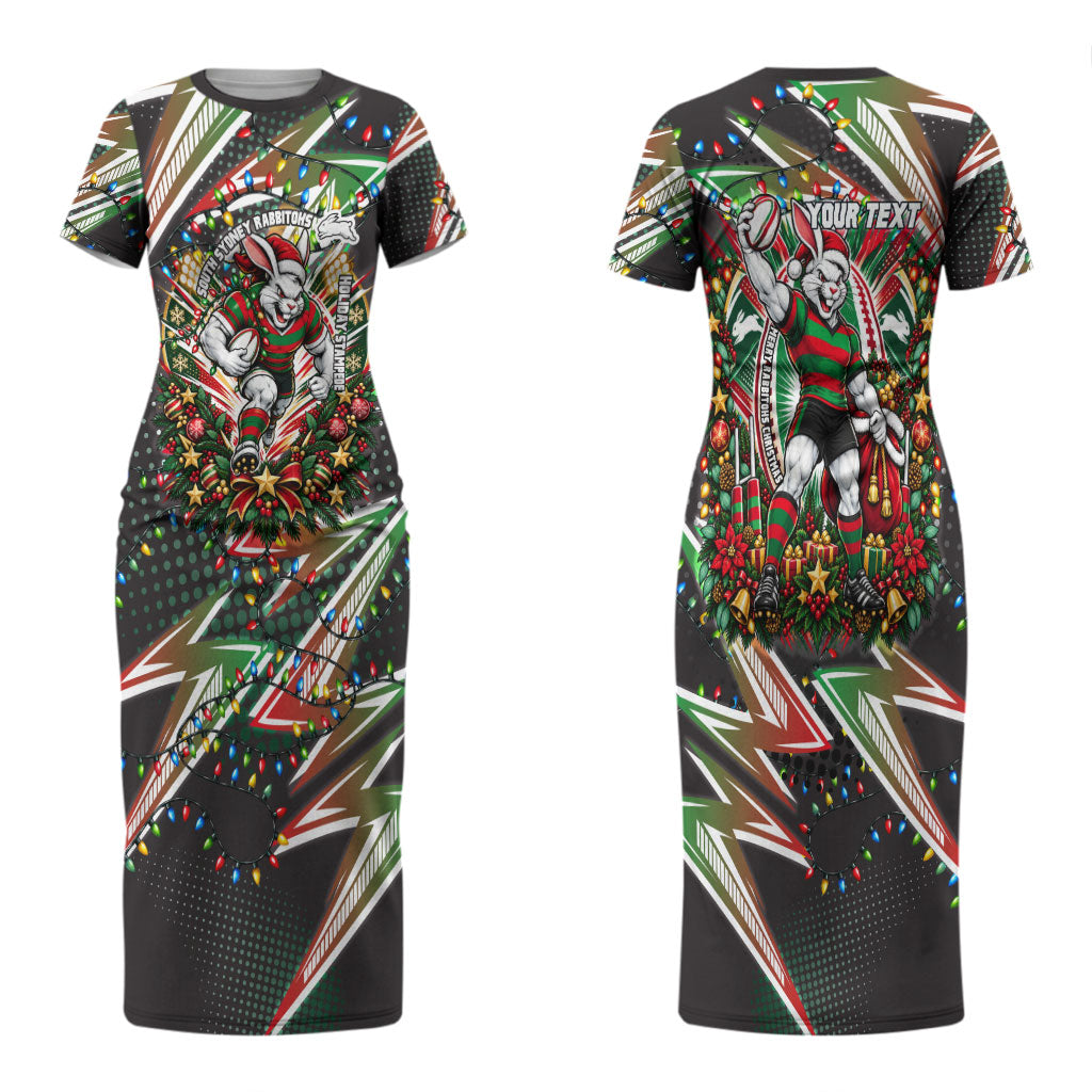 Personalized South Sydney Rabbitohs Rugby Christmas Couples Matching Short Sleeve Bodycon Dress and Hawaiian Shirt Holiday Mascot Graphic Art Festive Lights Bow