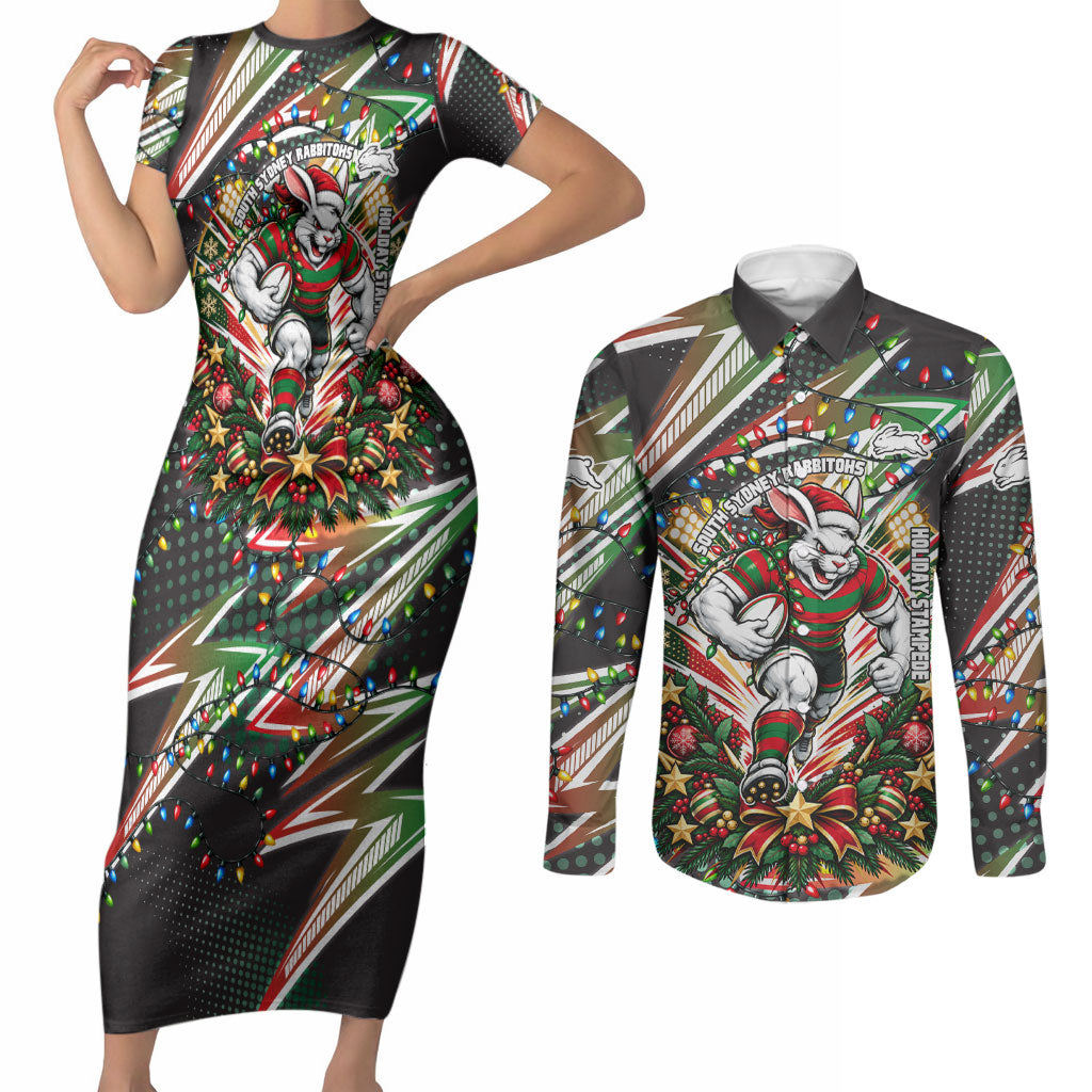 Personalized South Sydney Rabbitohs Rugby Christmas Couples Matching Short Sleeve Bodycon Dress and Long Sleeve Button Shirt Holiday Mascot Graphic Art Festive Lights Bow