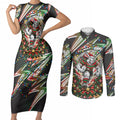 Personalized South Sydney Rabbitohs Rugby Christmas Couples Matching Short Sleeve Bodycon Dress and Long Sleeve Button Shirt Holiday Mascot Graphic Art Festive Lights Bow
