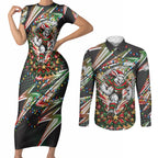 Personalized South Sydney Rabbitohs Rugby Christmas Couples Matching Short Sleeve Bodycon Dress and Long Sleeve Button Shirt Holiday Mascot Graphic Art Festive Lights Bow
