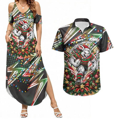 Personalized South Sydney Rabbitohs Rugby Christmas Couples Matching Summer Maxi Dress and Hawaiian Shirt Holiday Mascot Graphic Art Festive Lights Bow