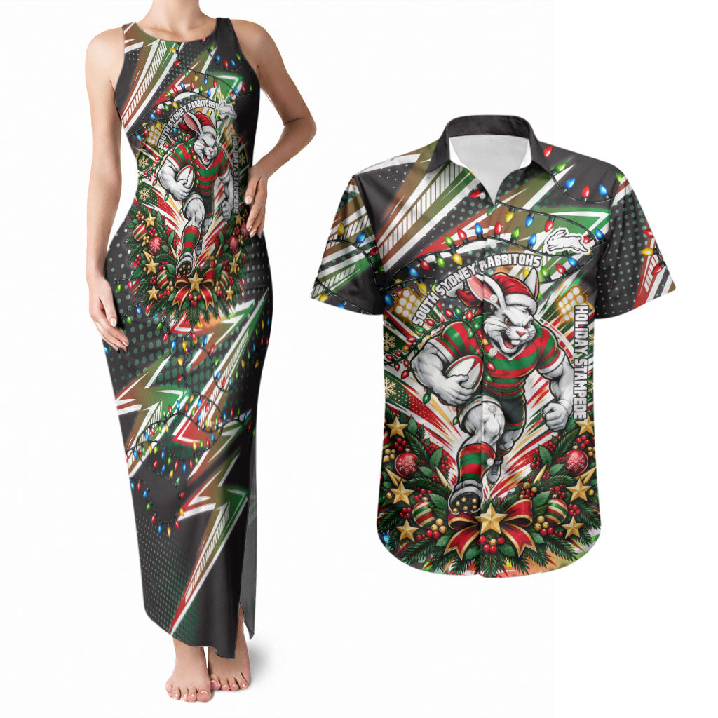 Personalized South Sydney Rabbitohs Rugby Christmas Couples Matching Tank Maxi Dress and Hawaiian Shirt Holiday Mascot Graphic Art Festive Lights Bow