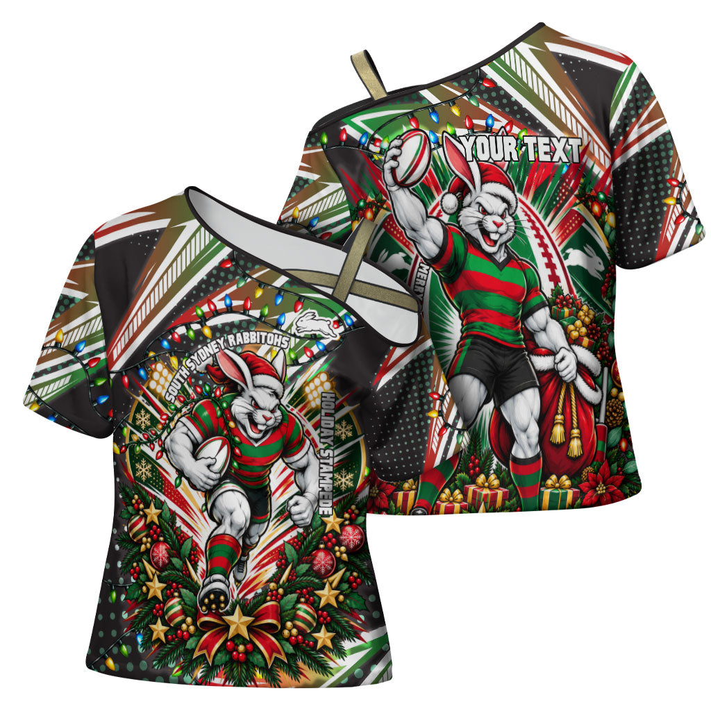 Personalized South Sydney Rabbitohs Rugby Christmas Cross Shoulder Shirt Holiday Mascot Graphic Art Festive Lights Bow