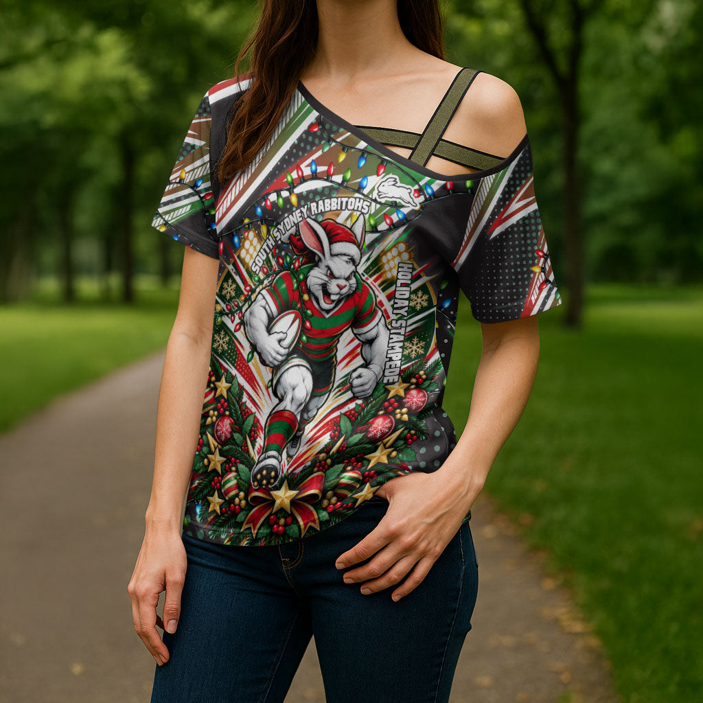 Personalized South Sydney Rabbitohs Rugby Christmas Cross Shoulder Shirt Holiday Mascot Graphic Art Festive Lights Bow