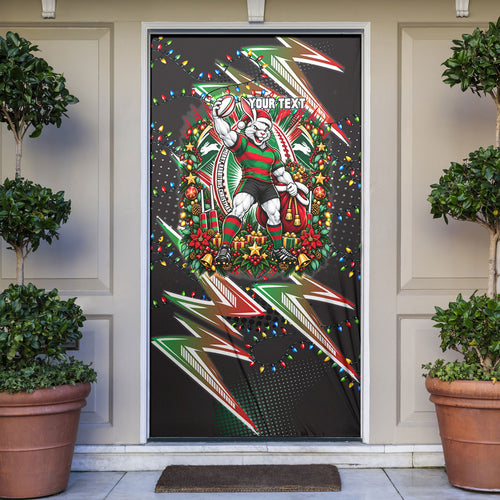 Personalized South Sydney Rabbitohs Rugby Christmas Door Cover Holiday Mascot Graphic Art Festive Lights Bow