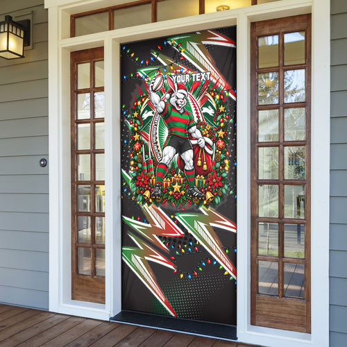 Personalized South Sydney Rabbitohs Rugby Christmas Door Cover Holiday Mascot Graphic Art Festive Lights Bow