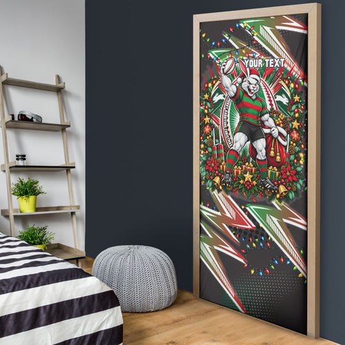 Personalized South Sydney Rabbitohs Rugby Christmas Door Cover Holiday Mascot Graphic Art Festive Lights Bow