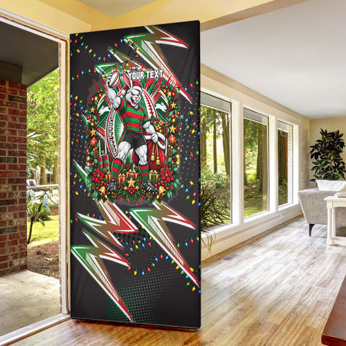 Personalized South Sydney Rabbitohs Rugby Christmas Door Cover Holiday Mascot Graphic Art Festive Lights Bow